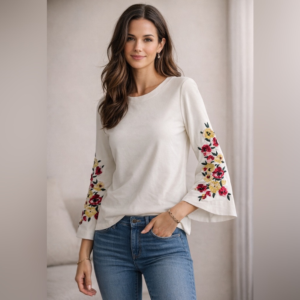Ann Taylor Embroidered Sleeve Ponte Knit Top – Size Medium
